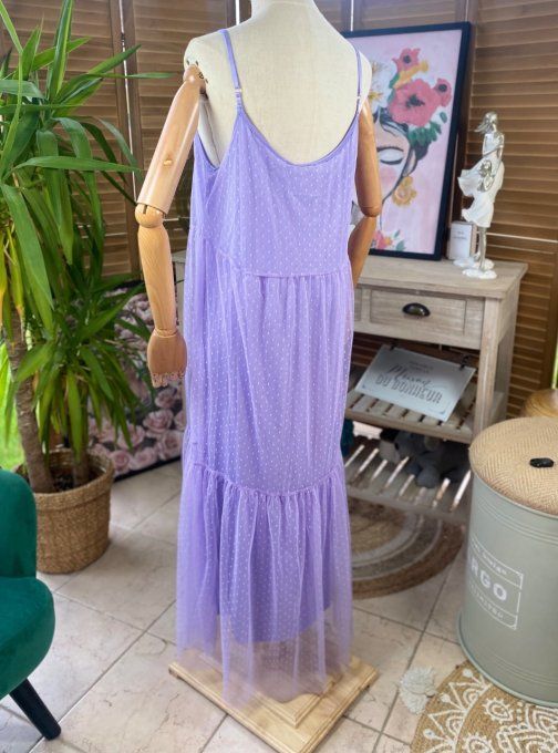 Fond de robe long tulle Lilas et plumetis  bretelles réglables du 38 au 46/48  