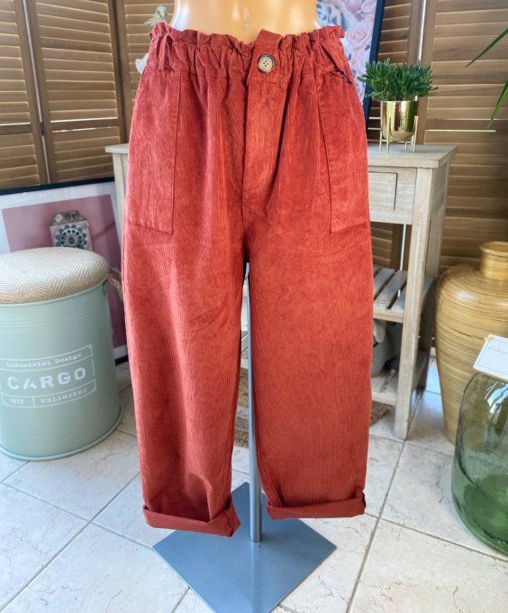 Pantalon coupe Mom velours côtelé Terracotta taille haute froncée élastiquée du 40 au 50/52 