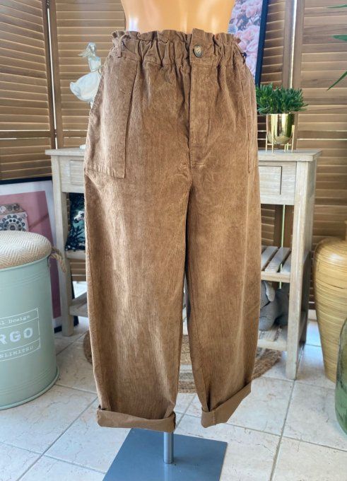 Pantalon coupe Mom velours côtelé Camel taille haute froncée élastiquée du 40 au 50/52 