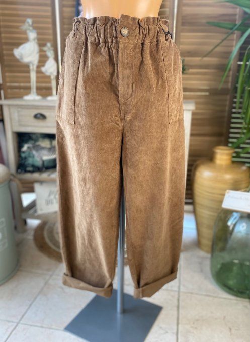 Pantalon coupe Mom velours côtelé Camel taille haute froncée élastiquée du 40 au 50/52 