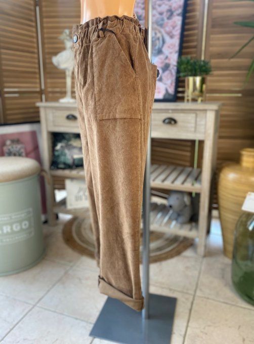 Pantalon coupe Mom velours côtelé Camel taille haute froncée élastiquée du 40 au 50/52 