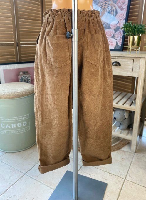 Pantalon coupe Mom velours côtelé Camel taille haute froncée élastiquée du 40 au 50/52 