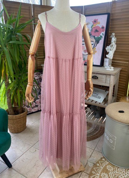 Fond de robe long tulle rose poudré et plumetis  bretelles réglables du 38 au 46/48 