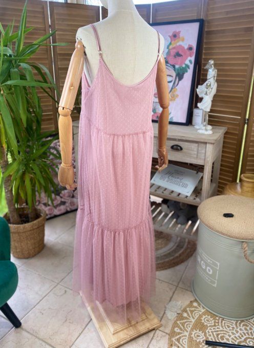 Fond de robe long tulle rose poudré et plumetis  bretelles réglables du 38 au 46/48 