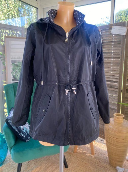 Parka imperméable courte à capuche noire réversible pois blancs (6 tailles : du 36  au 46)