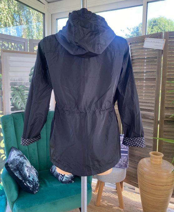 Parka imperméable courte à capuche noire réversible pois blancs (6 tailles : du 40  au 50) 