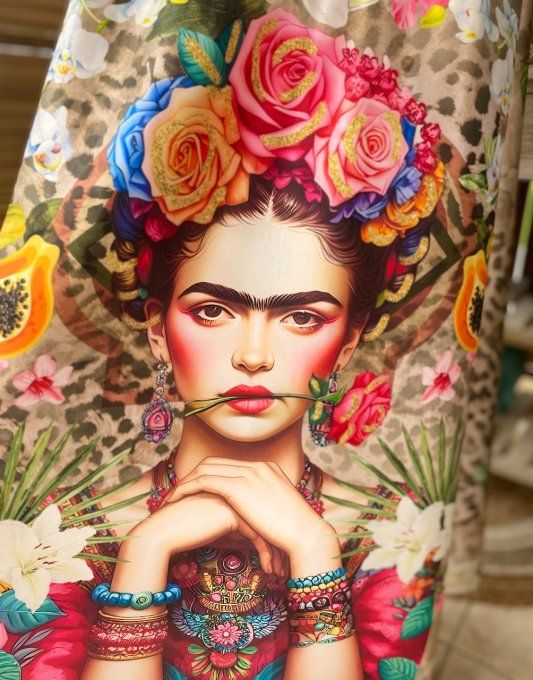 Jupe longue ample satinée Léopard Frida Kahlo aux fleurs du 40 au 50 