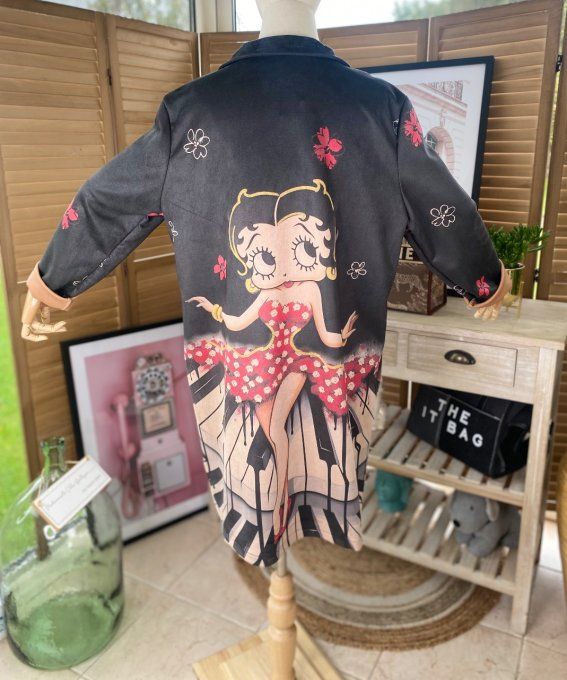 Veste longue suédine noire Betty Boop rétro chic Music du 38 au 46 et même +  