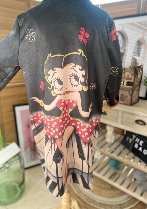 Veste longue suédine noire Betty Boop rétro chic Music du 38 au 46 et même +  