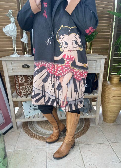 Veste longue suédine noire Betty Boop rétro chic Music du 38 au 46 et même +  