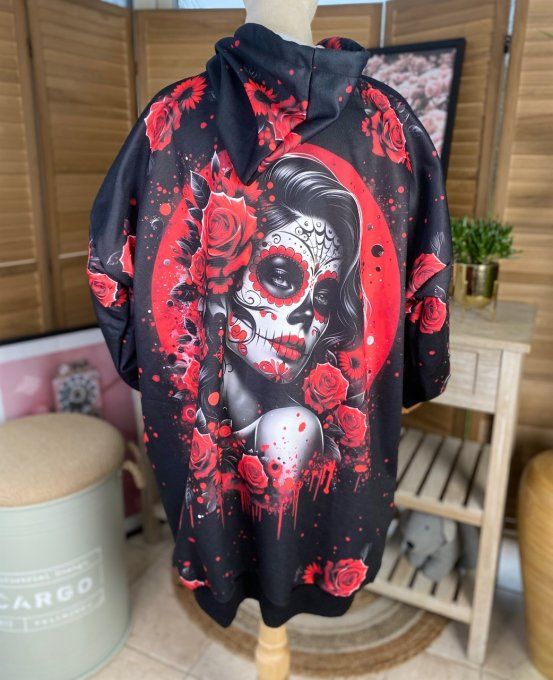 Sweat à capuche long ou robe sweat noir Tattoo Skulls Girl du 42 au 50/52