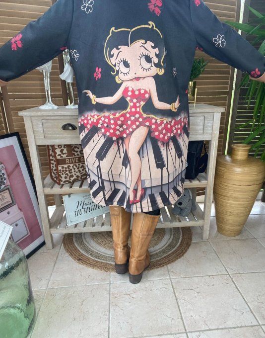 Veste longue suédine noire Betty Boop rétro chic Music du 38 au 46 et même +  