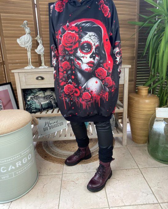 Sweat à capuche long ou robe sweat noir Tattoo Skulls Girl du 42 au 50/52