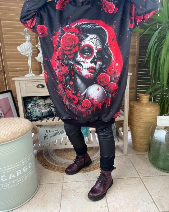 Sweat à capuche long ou robe sweat noir Tattoo Skulls Girl du 42 au 50/52