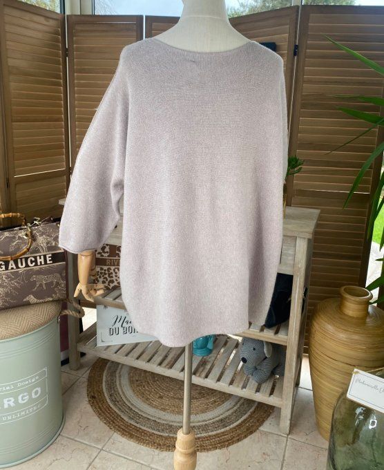 pull ample sans laine Armelle taupe clair grisé col V étoile strass argentés du 40 au 50  