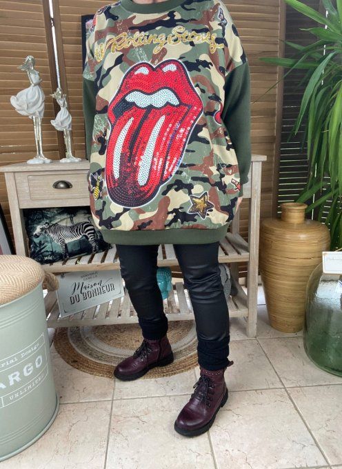 Sweat ample kaki molletonné Military Rolling Stones Langue Rouge du 40 au 48/50 