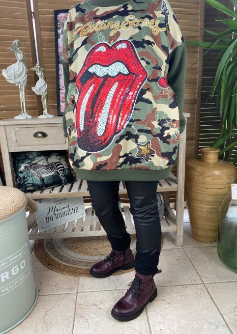 Sweat ample kaki molletonné Military Rolling Stones Langue Rouge du 40 au 48/50 