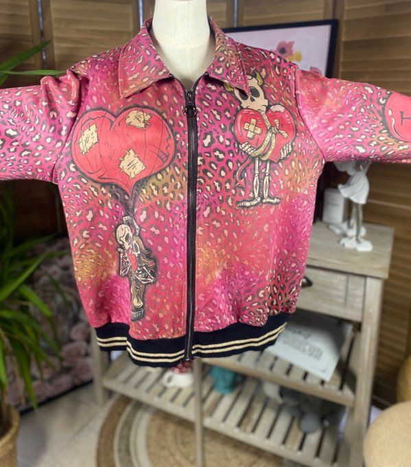 Blouson suédine rose fuschia Mexican Skulls  Love You du 38 au 48