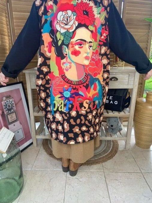 Veste blazer longue ample noire et Léopard Frida Kahlo du 42 au 50/52 et + 